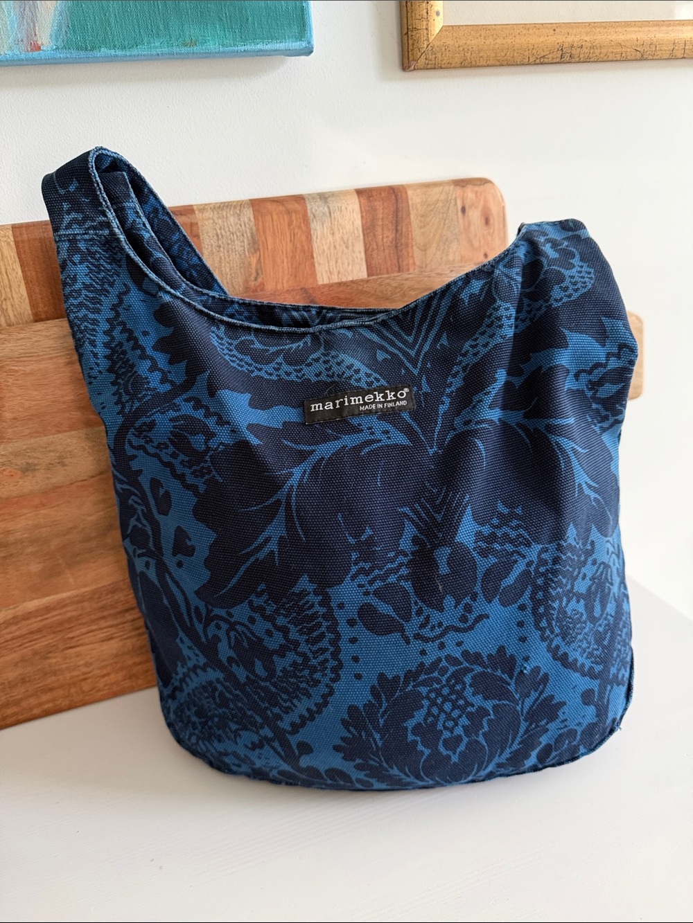 Marimekko Vintage Navy and Indigo Floral Paisley Canvas Boho Shoulder Bag